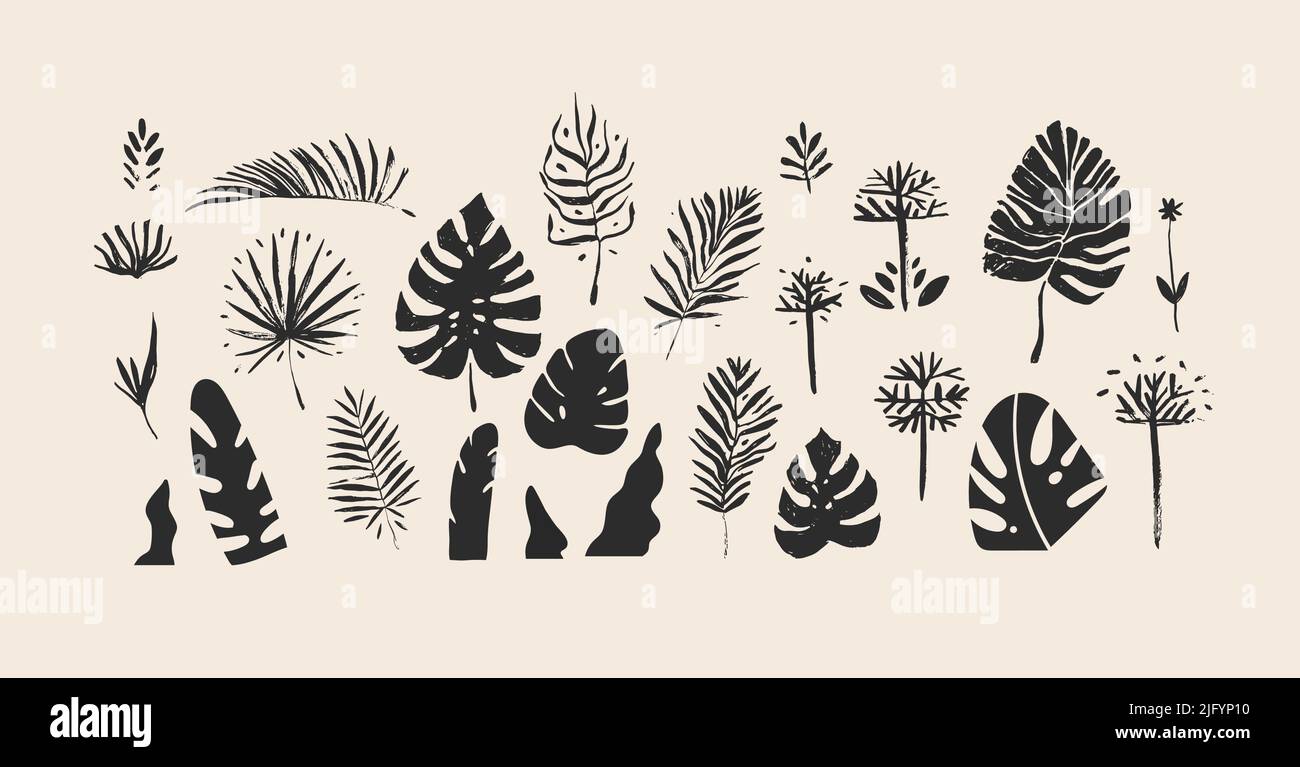 Hand gezeichnet Vektor abstrakt Stock flach Grafik Skizze Zeichnung Illustrationen Sammlung Set mit Logo-Elemente aus tropischen, schwarzen exotischen Palmblättern Stock Vektor
