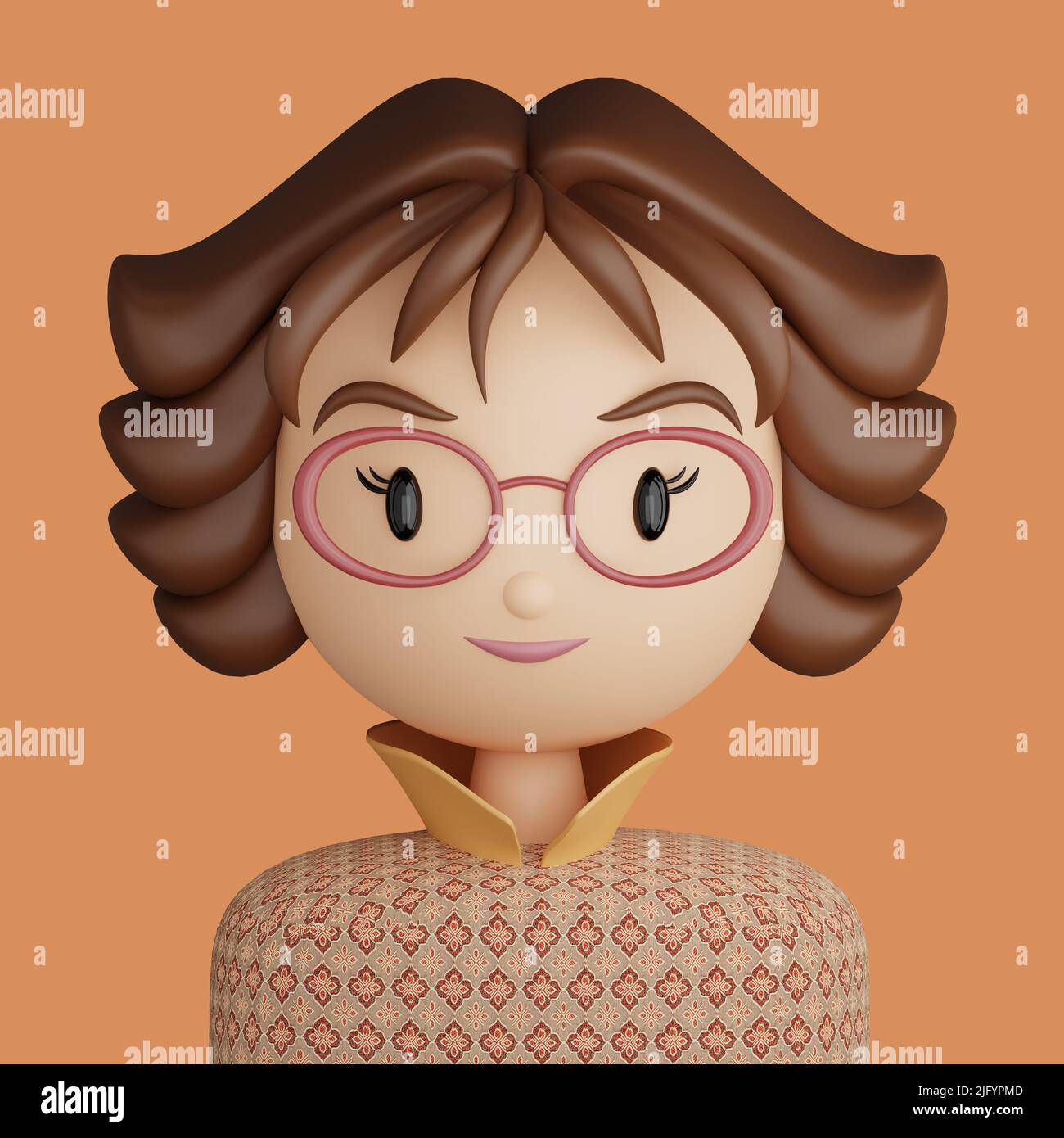 3D Illustration einer lächelnden Frau. Cartoon Nahaufnahme Porträt einer lächelnden hübschen Frau mit Brille auf einem orangefarbenen Hintergrund. 3D Avatar für ui ux. Stockfoto