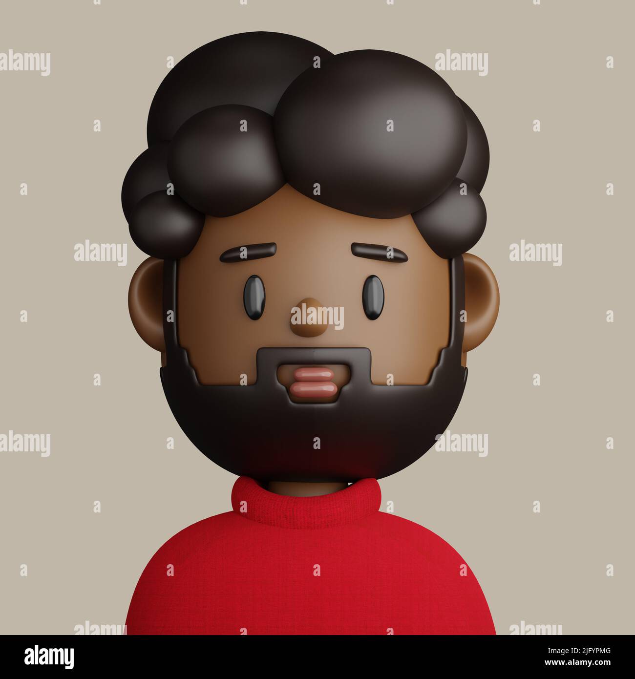 3D Illustration eines bärtigen schwarzen Mannes. Cartoon Nahaufnahme Porträt von bärtigen schwarzen Mann auf einem grauen Hintergrund. 3D Avatar für ui ux. Stockfoto