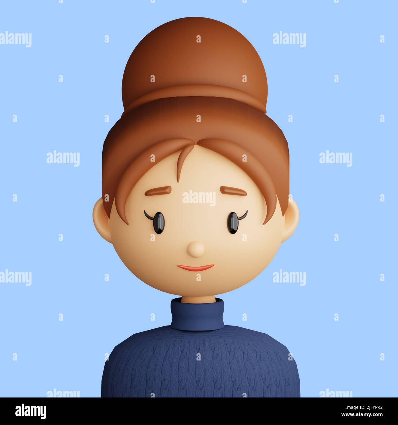 3D Illustration einer lächelnden jungen Frau. Cartoon Nahaufnahme Porträt einer lächelnden jungen Frau auf blauem Hintergrund. 3D Avatar für ui ux. Stockfoto