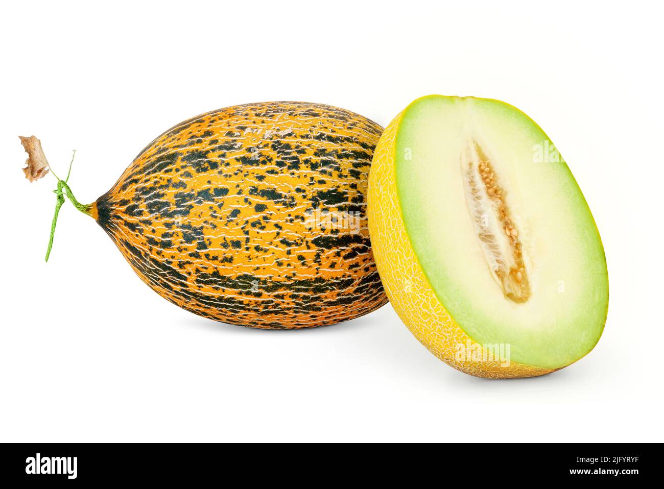 Geschnittene ovale Melone verschiedener Sorten isoliert mit Schnittwegen auf weißem Hintergrund mit Schatten. Schmackhafte und saftige Ernte von Honigmoschmelone Stockfoto