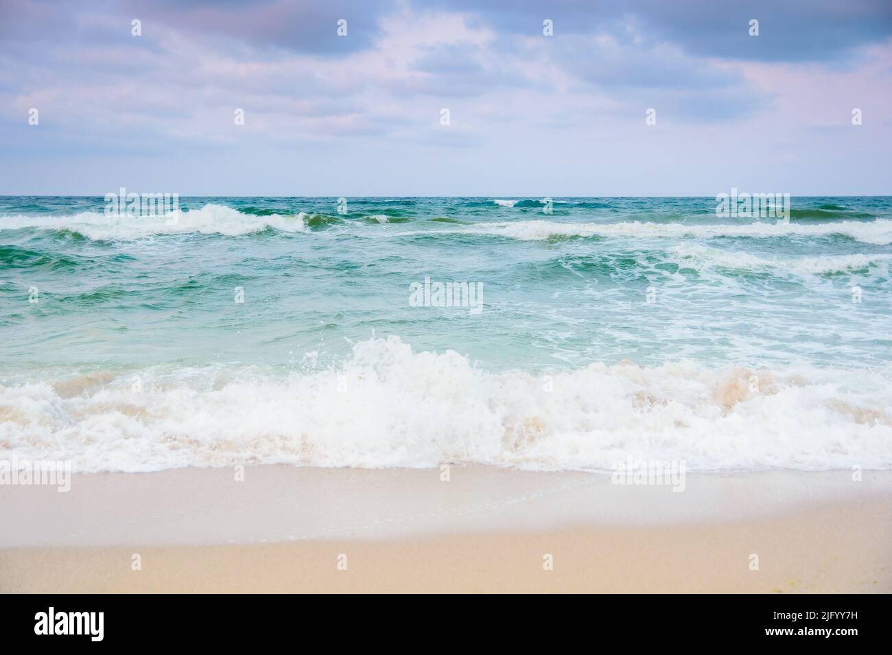 Abendflut am Meer. Graue Wolken in buntem Licht. Grünliche Wellen krachender Sandstrand. Windiges Wetter Stockfoto