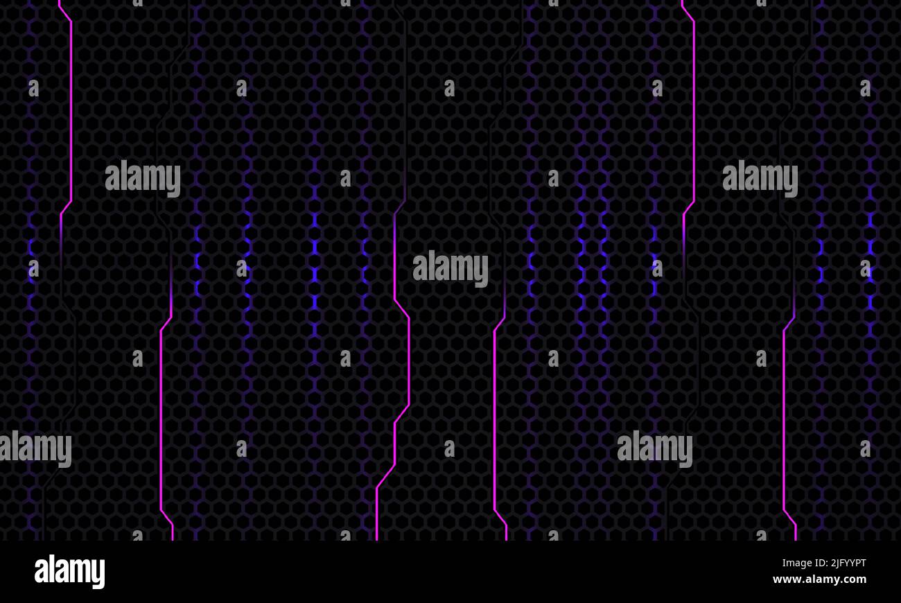 Abstrakter dunkelgrauer Carbon-Gaming-Technologie-Hintergrund mit violetten und blauen Blitzen und technologischen Formen. Vektorgrafik Stock Vektor