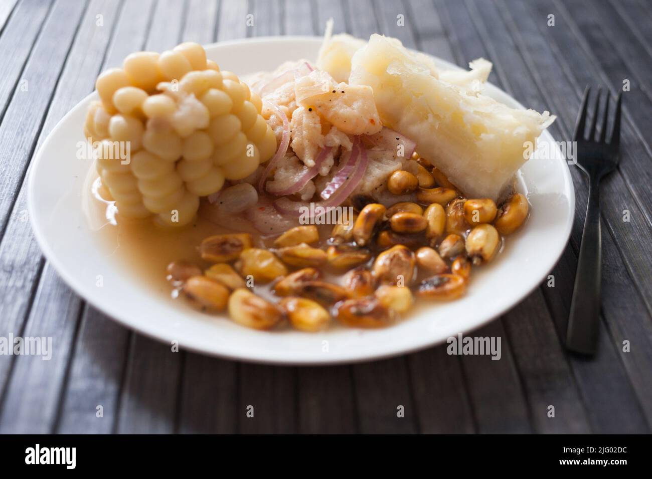 Traditionelles peruanisches Gericht.Fisch Ceviche mit yuka und Mais Stockfoto