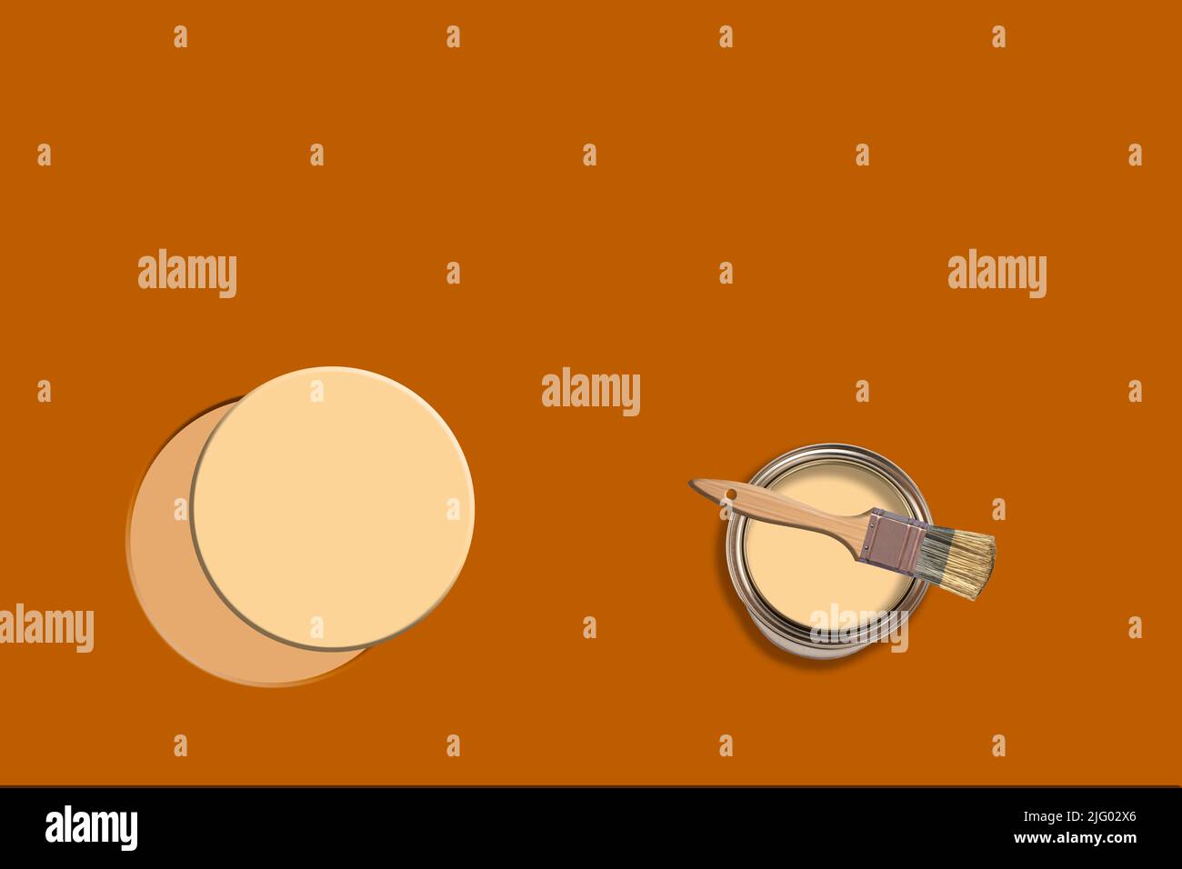 Kreatives Konzept Bild der Dekoration Umbau Farbe Malerei Pinsel Farbtopf kann auf einem bunten orange tan Hintergrund gemalt beige Creme Kreis Stockfoto