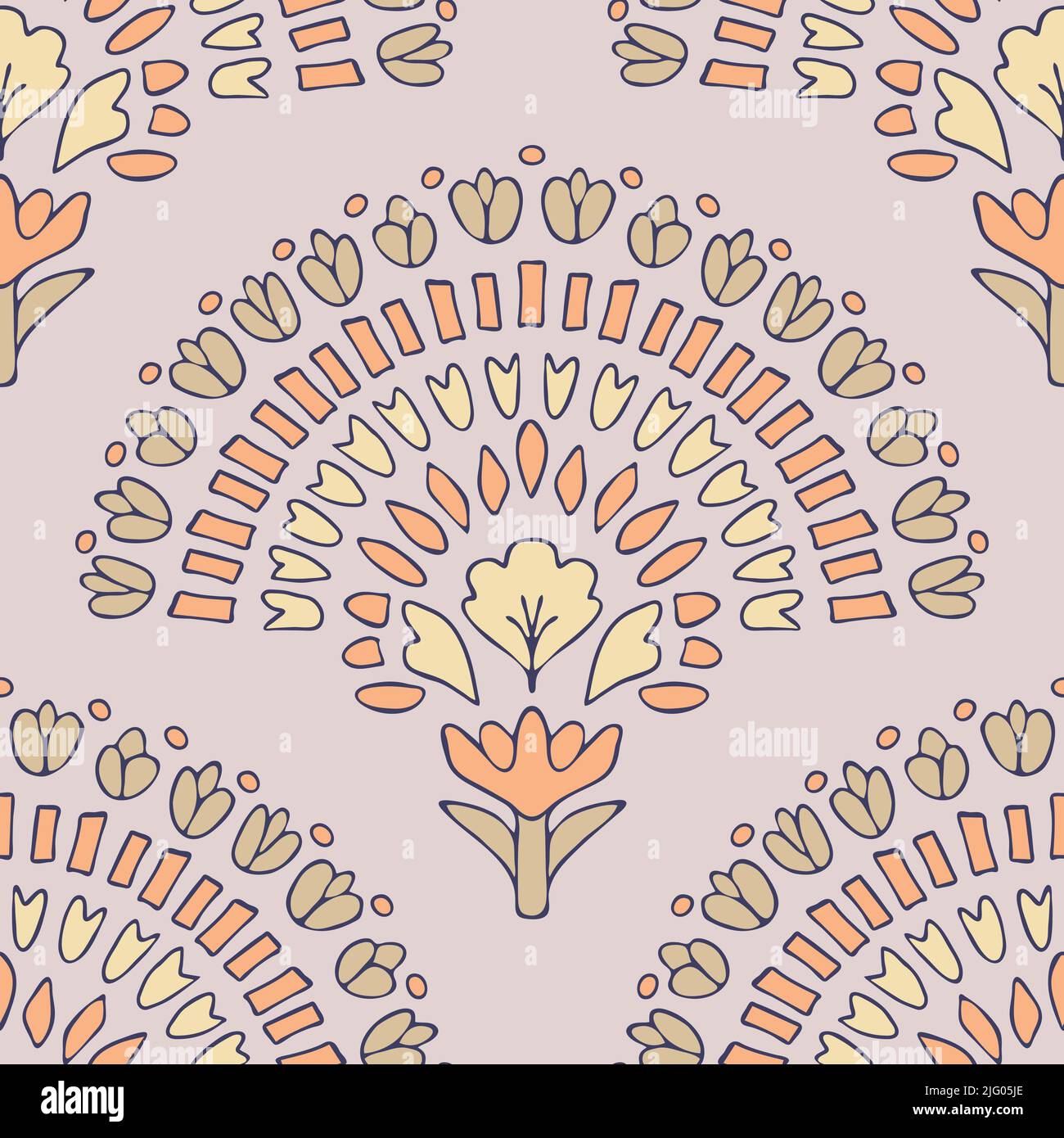 Nahtloses Vektor-Muster mit romantischem Blumenfan auf hellblauem Hintergrund. Dezartes florales Tapetendesign. Dekorative Blume Regenbogen Mode Textil. Stock Vektor