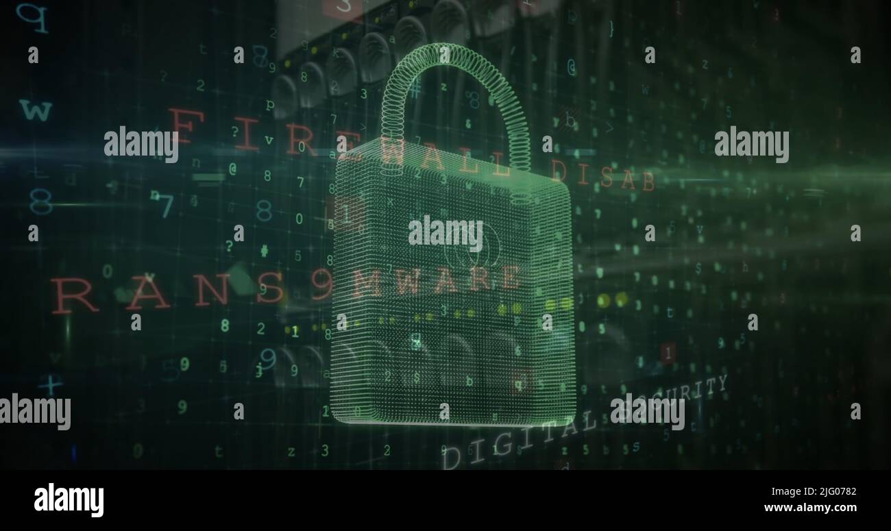 Bild von sich ändernden Zahlen und Buchstaben über dem Online-Sicherheits-Vorhängeschloss Stockfoto
