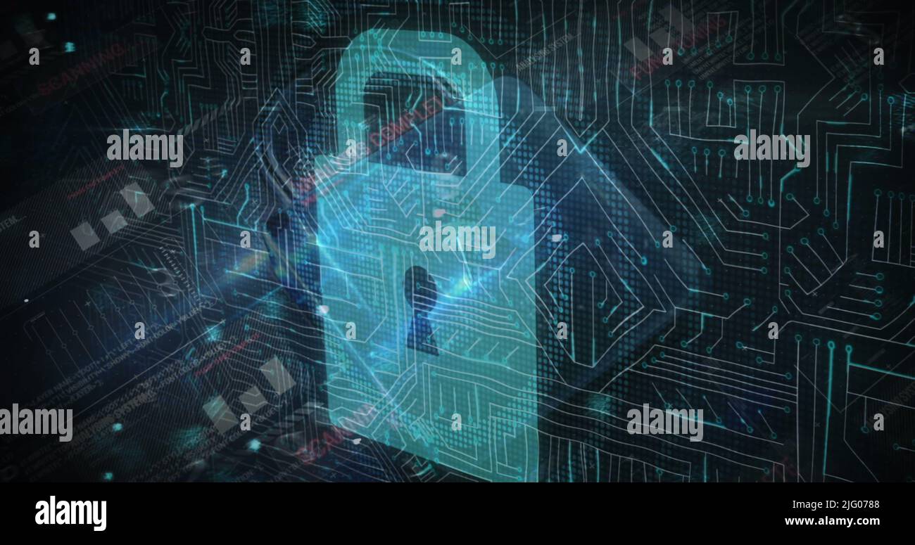 Abbildung von Prozessor, Zahlen und Online-Sicherheits-Vorhängeschloss Stockfoto