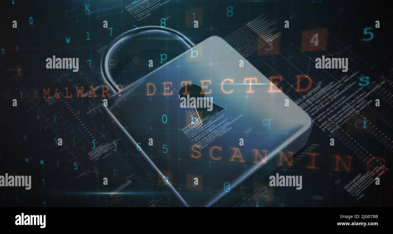 Bild von sich ändernden Zahlen und Buchstaben über dem Online-Sicherheits-Vorhängeschloss Stockfoto