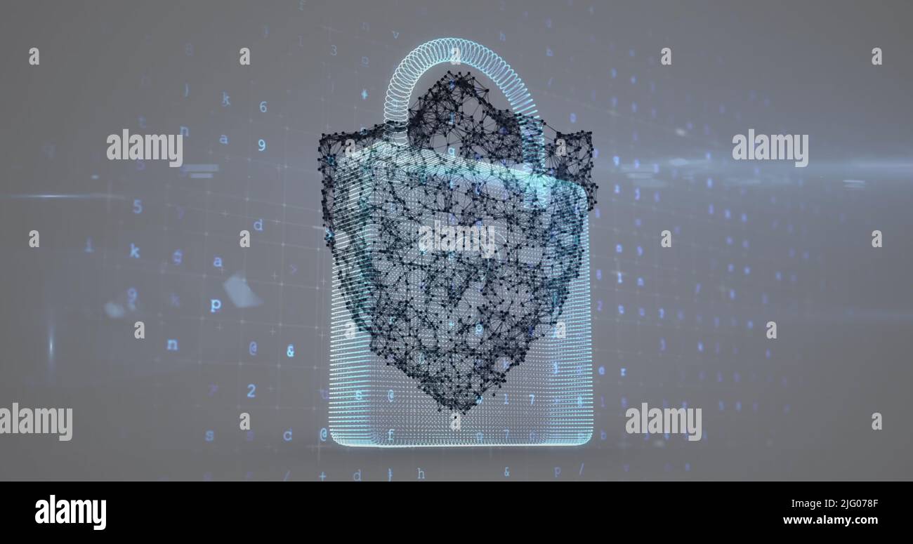 Bild von wechselnden Zahlen und Buchstaben über Online-Schild und Sicherheits-Vorhängeschloss Stockfoto