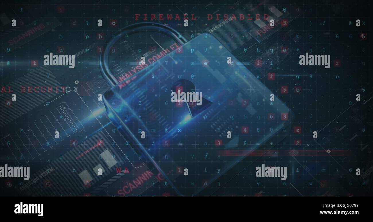 Bild von sich ändernden Zahlen und Buchstaben über dem Online-Sicherheits-Vorhängeschloss Stockfoto