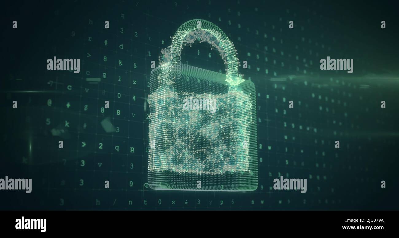 Bild von wechselnden Zahlen und Buchstaben über die Online-Cloud, das Schild und das Sicherheits-Vorhängeschloss Stockfoto