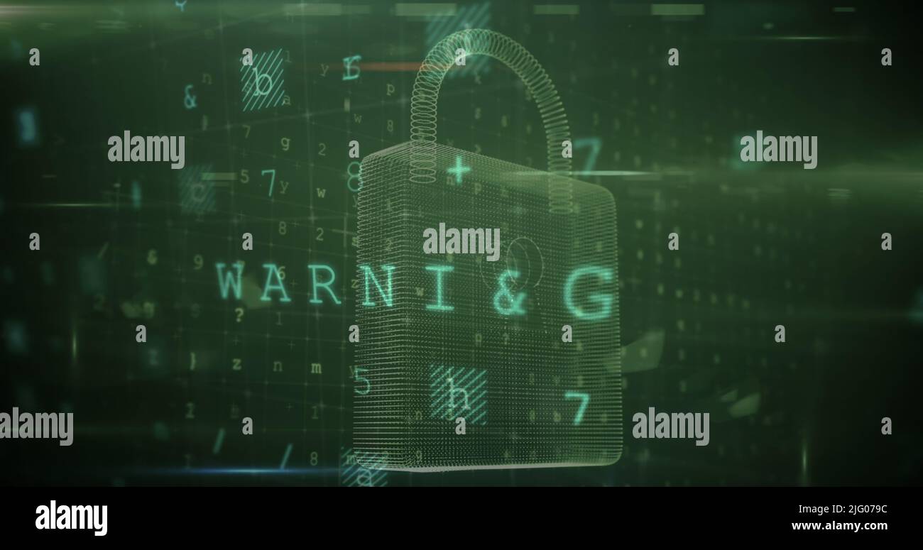 Bild von sich ändernden Zahlen und Buchstaben über dem Online-Sicherheits-Vorhängeschloss Stockfoto