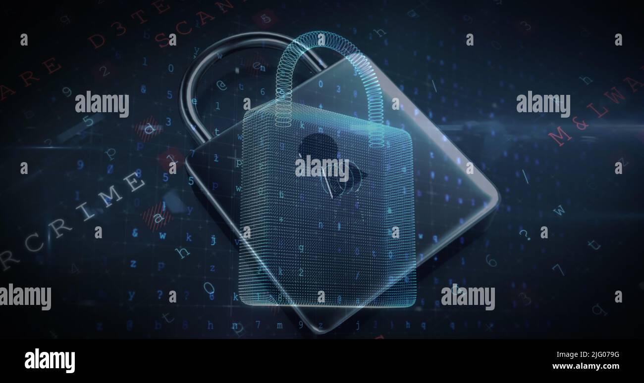Bild von sich ändernden Zahlen und Buchstaben über dem Online-Sicherheits-Vorhängeschloss Stockfoto