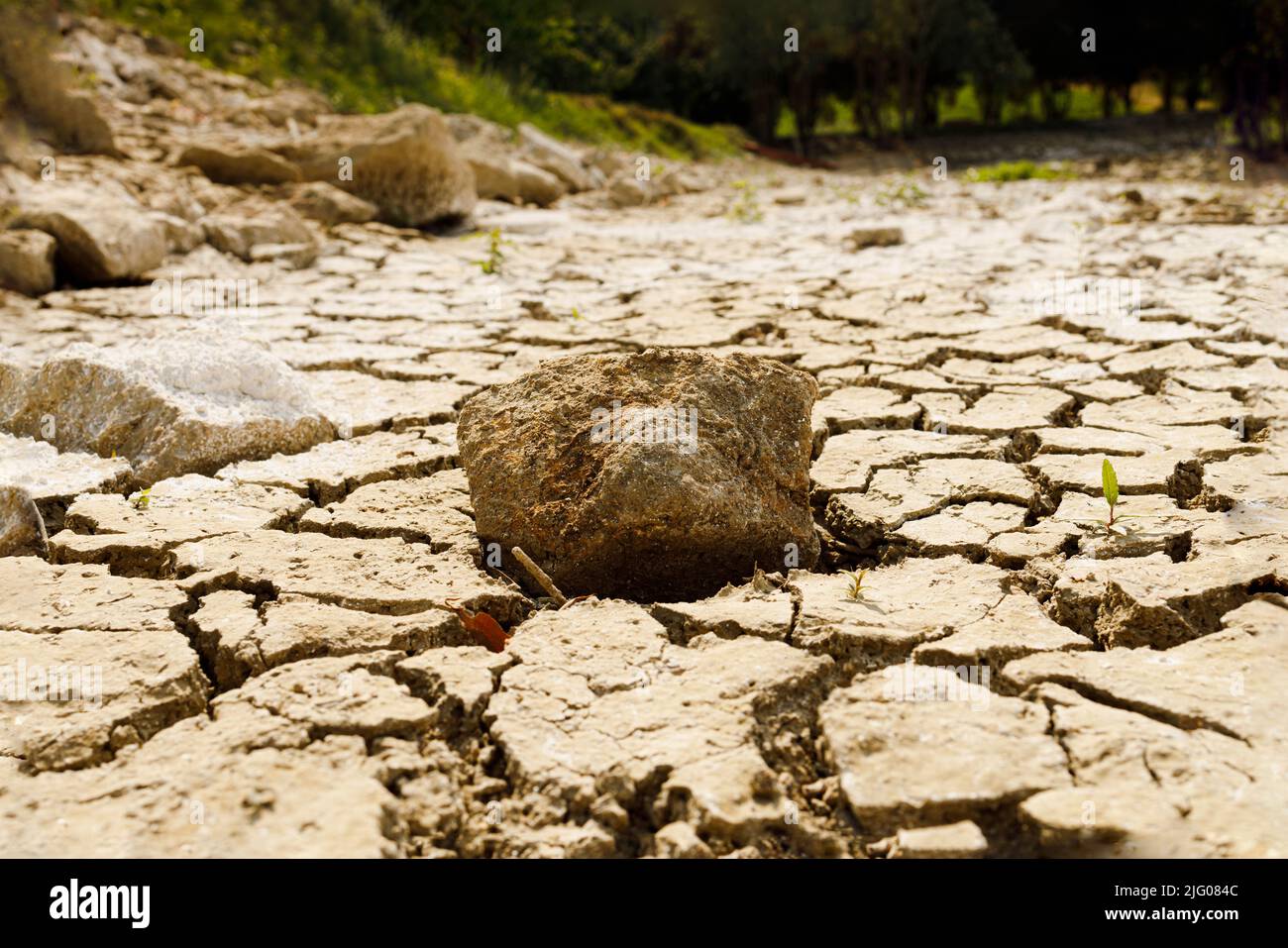 Detail eines Felsens auf einem ausgetrockneten See während der globalen Erwärmung Stockfoto