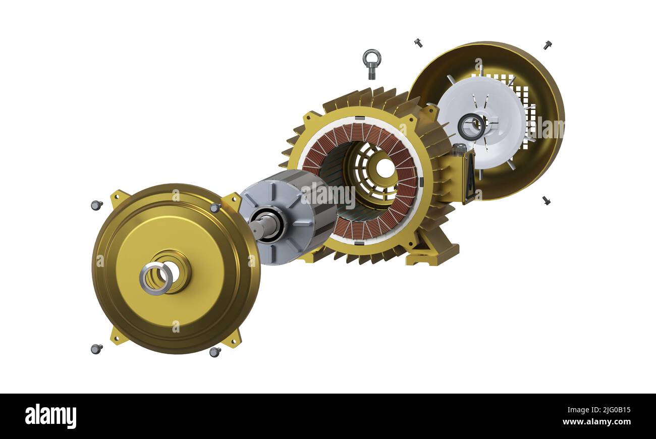 Elektrischer Generator mit permanenten Rotormagneten, Explosionszeichnung, 3D Rendering Stockfoto Elektrischer Generator mit permanenten Rotormagneten, Explosionszeichnung, 3D Rendering Stockfoto