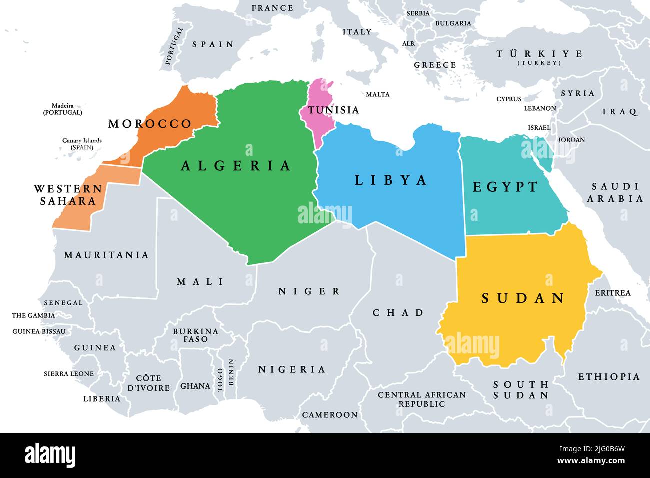 Nordafrika, Subregion, politische Landkarte mit einzelnen Ländern und internationalen Grenzen. Gruppe von Mittelmeerländern auf dem afrikanischen Kontinent. Stockfoto