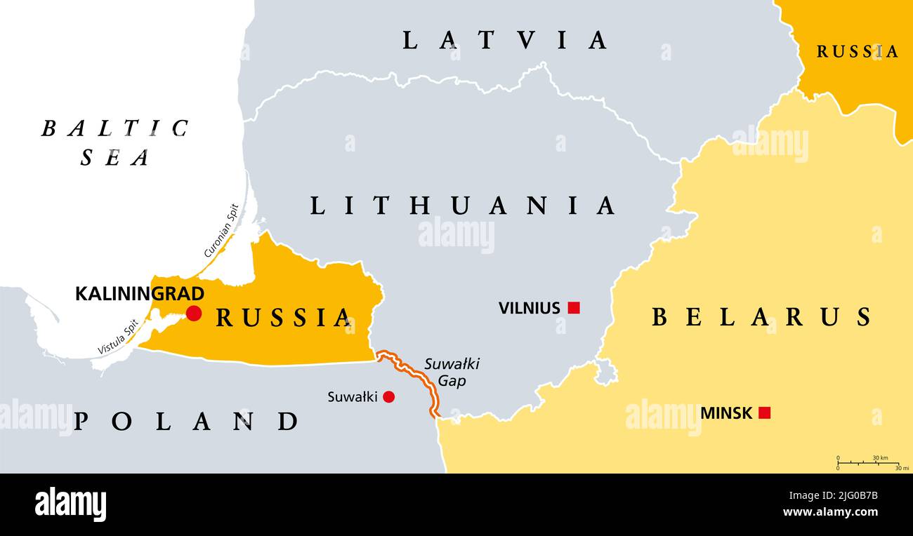 Suwalki Gap, politische Landkarte. Auch bekannt als Suwalki-Korridor, die Grenze von der russischen Exklave im Gebiet von Königsberg nach Weißrussland. Stockfoto