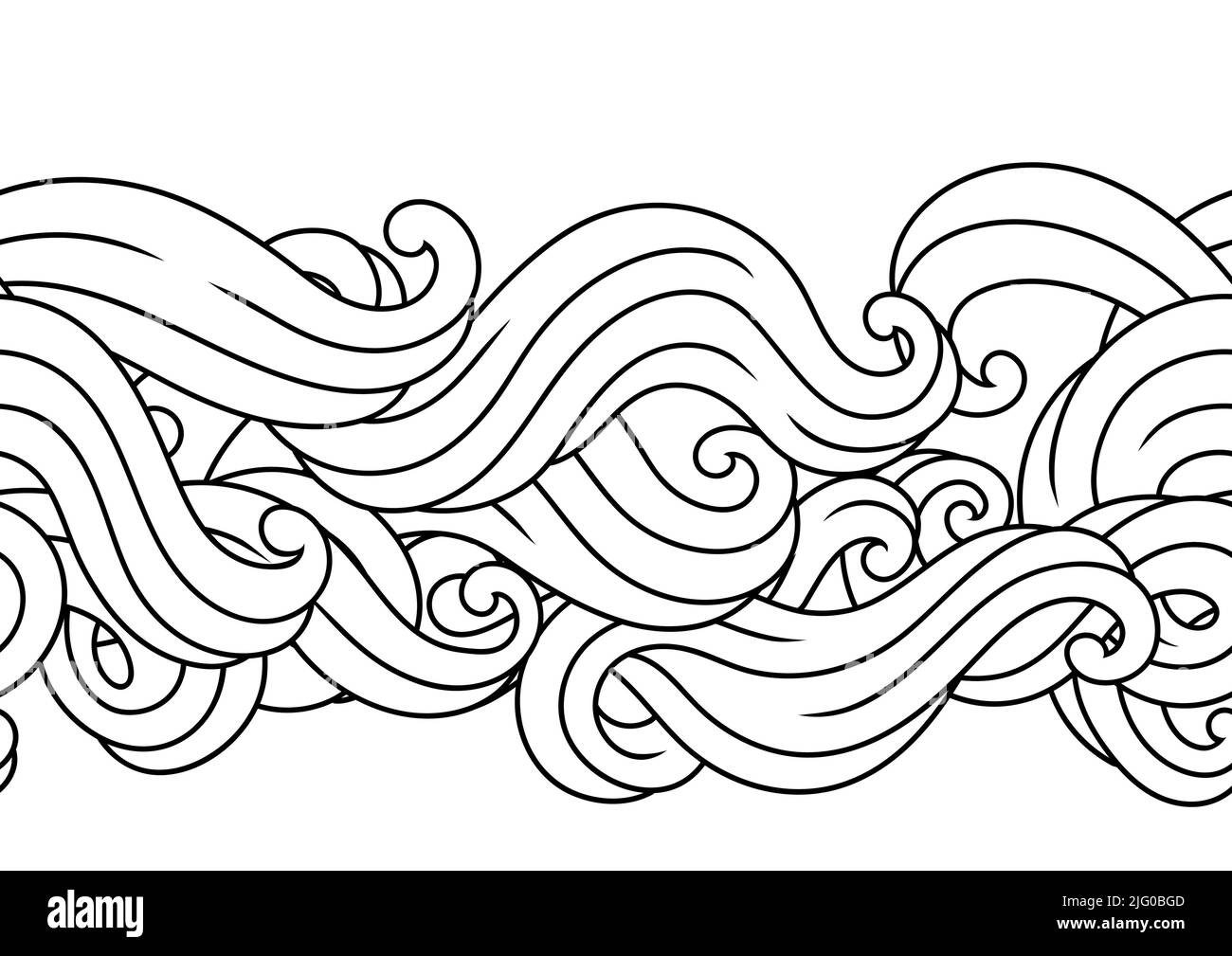 Nahtloses Muster mit Wellenlinien-Locken. Schwarz-weiße Streifen. Wirbelnde abstrakte Haare oder Pelze. Stock Vektor