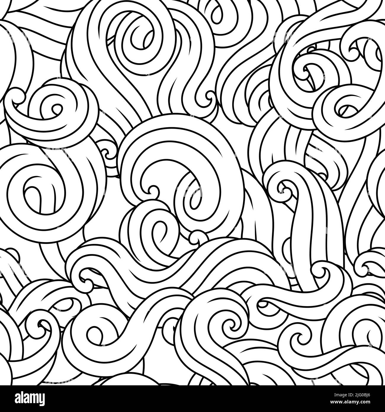 Nahtloses Muster mit Wellenlinien-Locken. Schwarz-weiße Streifen. Wirbelnde abstrakte Haare oder Pelze. Stock Vektor