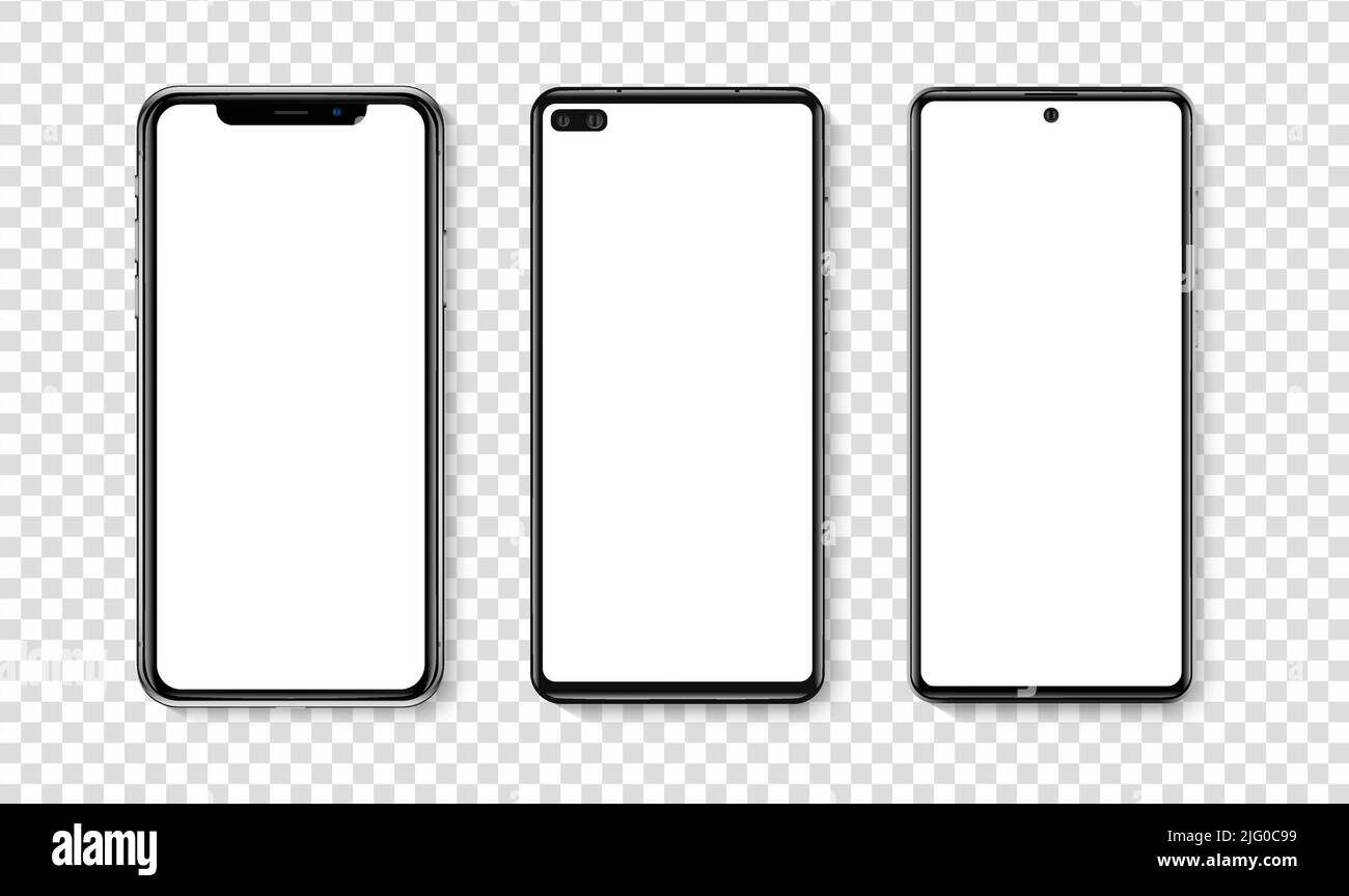 Hochwertiges, realistisches, trendiges Smartphone mit leerem weißen Bildschirm. Telefonmockup zur Demonstration der Visual UI UX App. Vector Mobile Set Device Konzept Stock Vektor