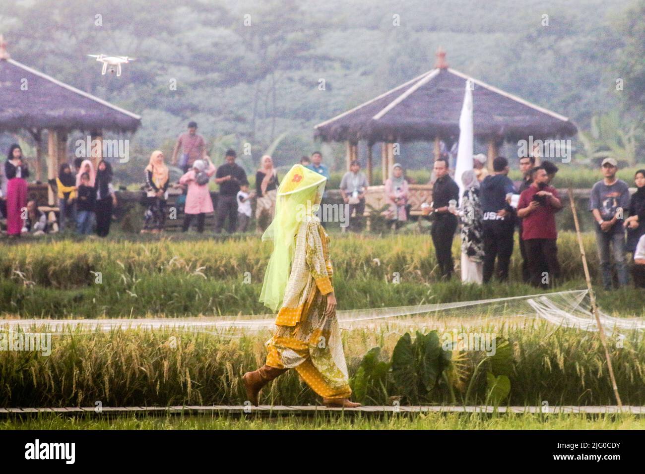 Bogor Fashion Culture Laufstege inmitten von Reisfeldern, Bogor City, Indonesien, 5. Juli 2022, Förderung von Reisfeldern als touristisches Gebiet Stockfoto