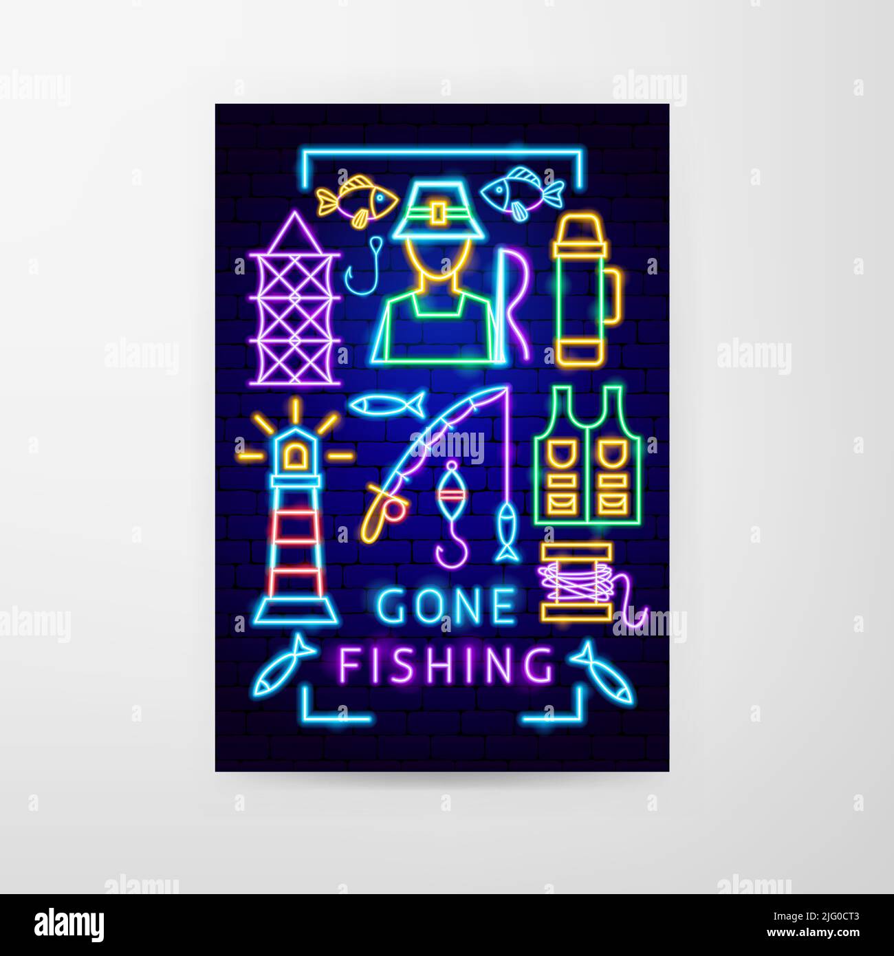 Aus Angeln Neon Flyer Stock Vektor