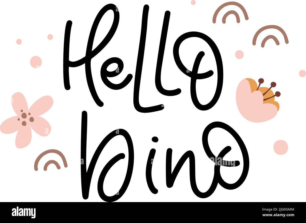 Vektor handgezeichnetes Mädchen Monoline Text Hallo Dino mit Blumen und Regenbogen. Skandinavische lustige Doodle, Cartoon-Dinosaurier. Gut für Poster, T-Shirt Stock Vektor