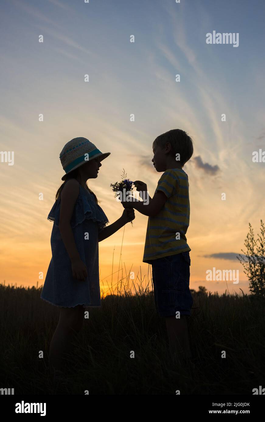 Silhouetten eines Mädchens und eines Jungen, die ihr einen kleinen Strauß Feldblumen gegen den Sonnenuntergangshimmel geben. Das Konzept der Freundschaft, Beziehungen. Happy ch Stockfoto