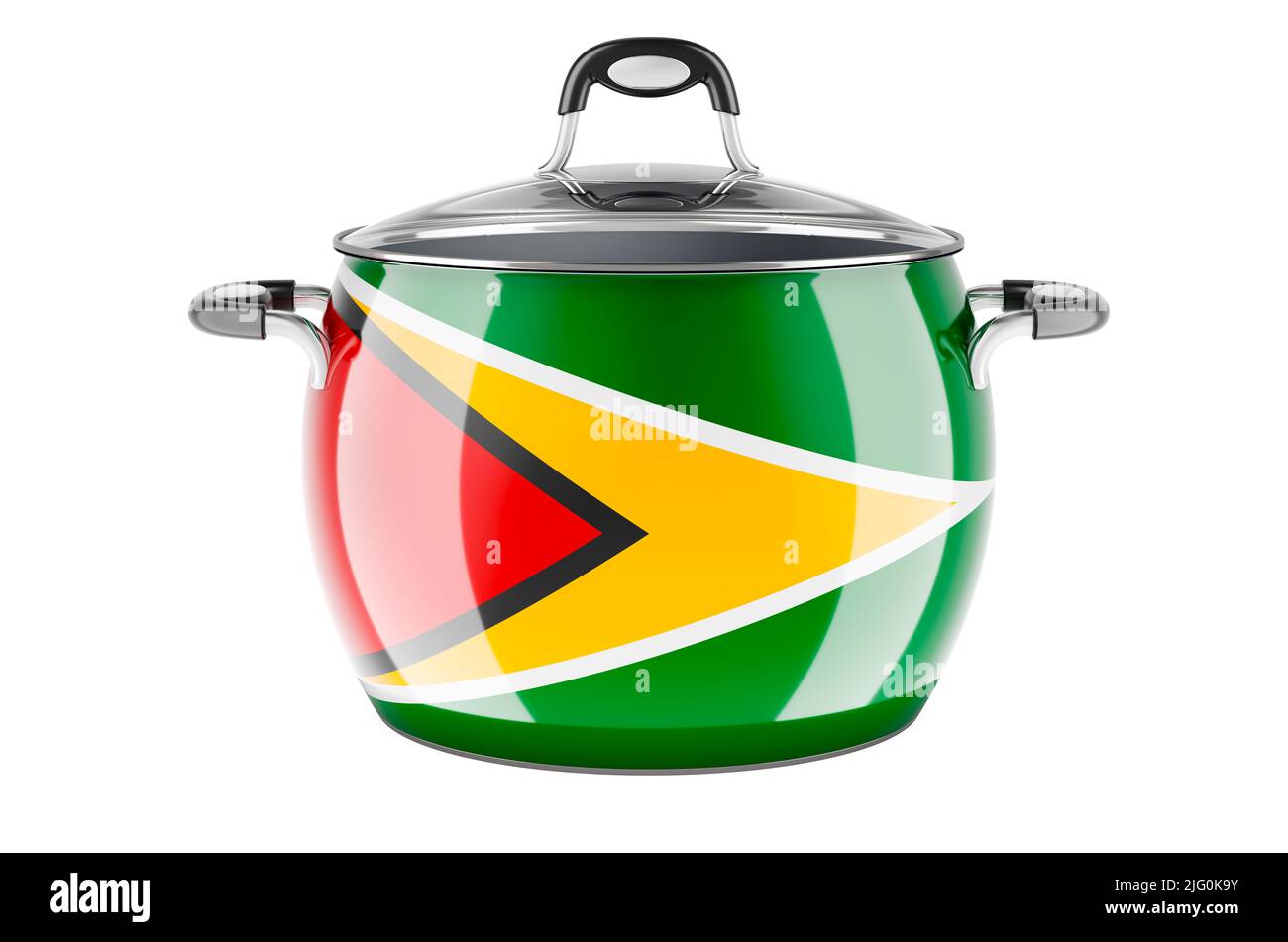 Konzept der guyanischen nationalen Küche. Guyanische Flagge auf dem Edelstahltopf lackiert. 3D Darstellung isoliert auf weißem Hintergrund Stockfoto