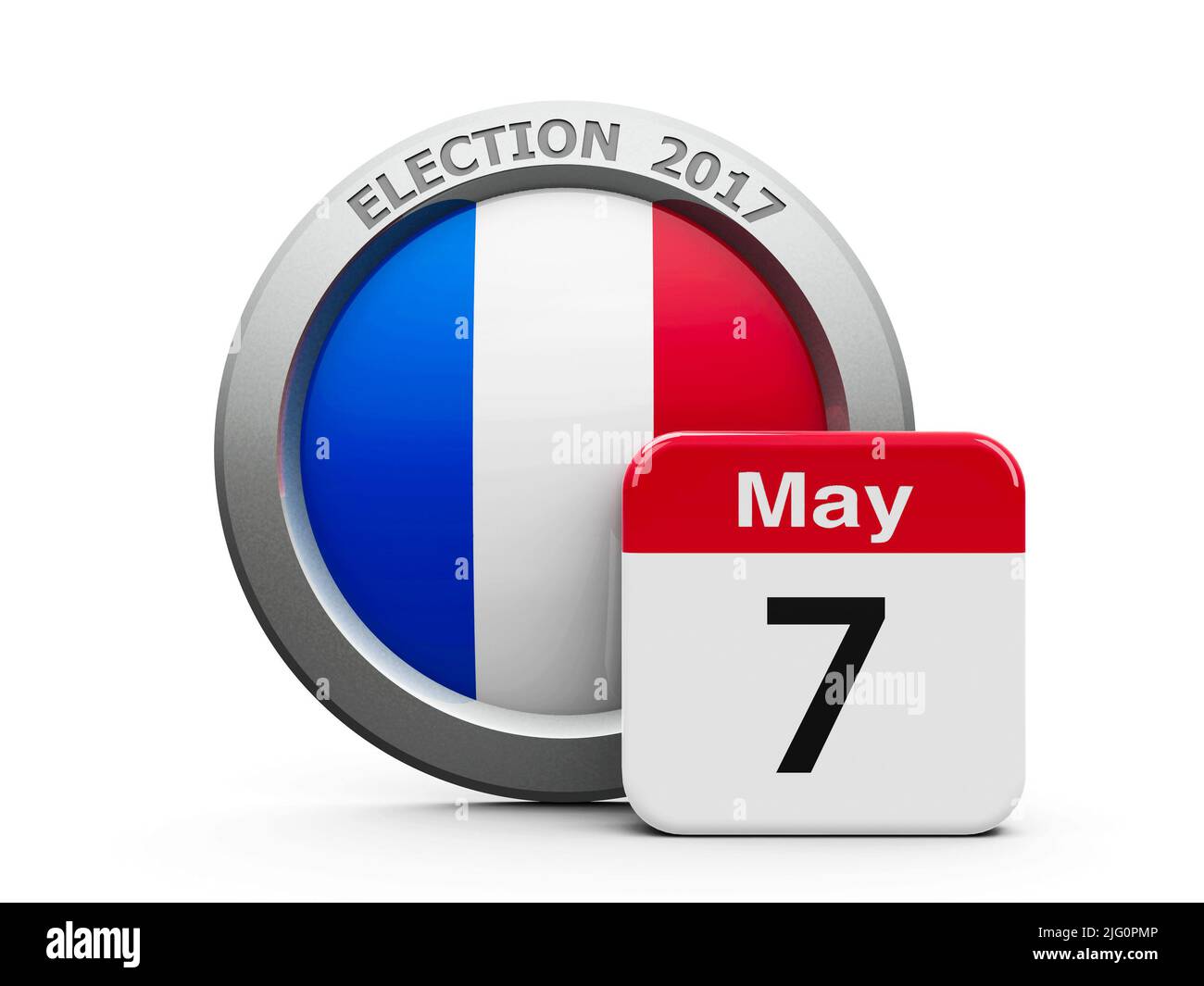 Emblem von Frankreich mit Kalenderknopf - der siebte Mai - stellt den Wahltag 2017 in Frankreich dar, dreidimensionale Darstellung, 3D Illustration Stockfoto