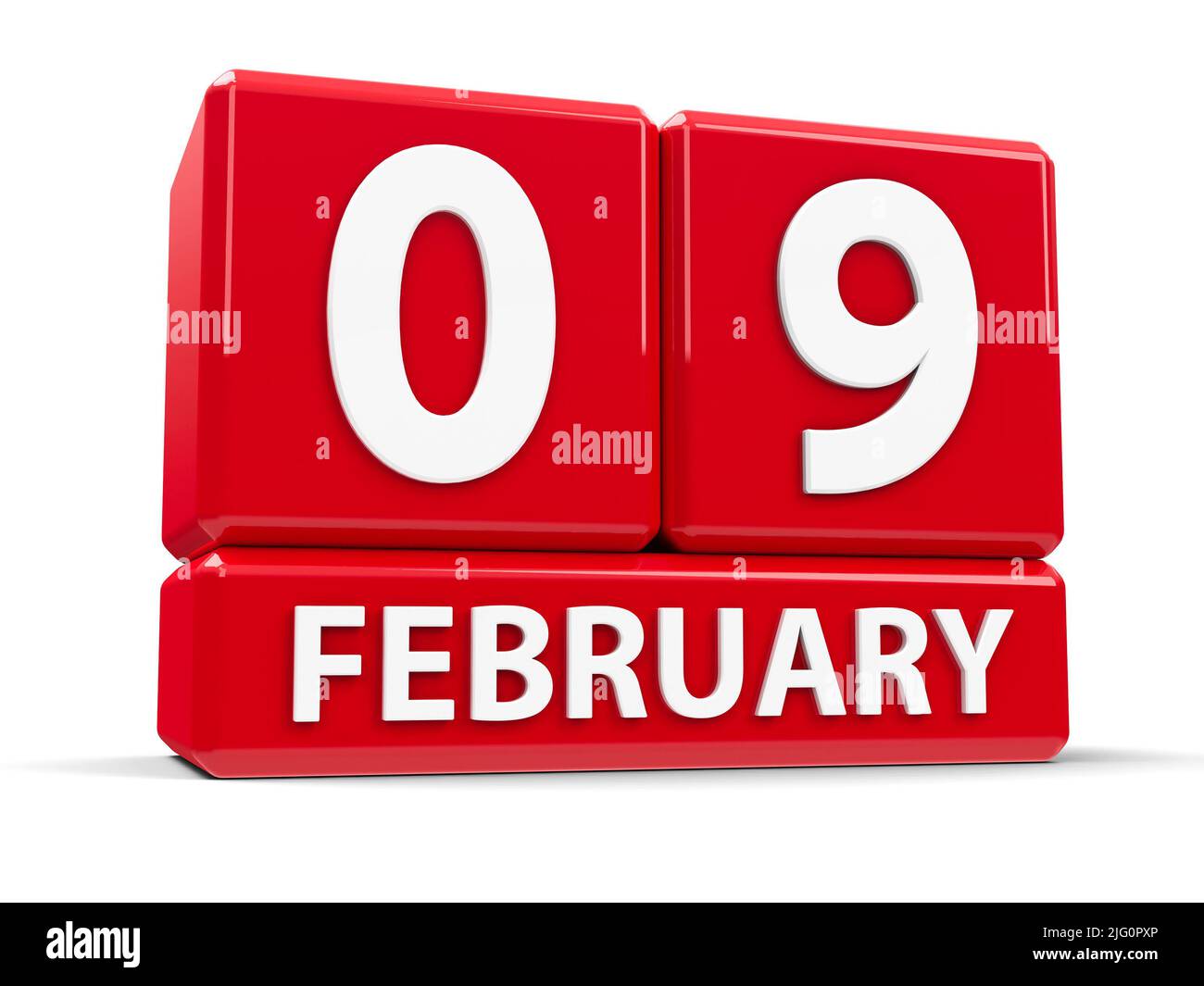 Rote Würfel - der 9. Februar - auf einem weißen Tisch - Internationaler Tag des Zahnarztes, dreidimensionale Darstellung, 3D Illustration Stockfoto