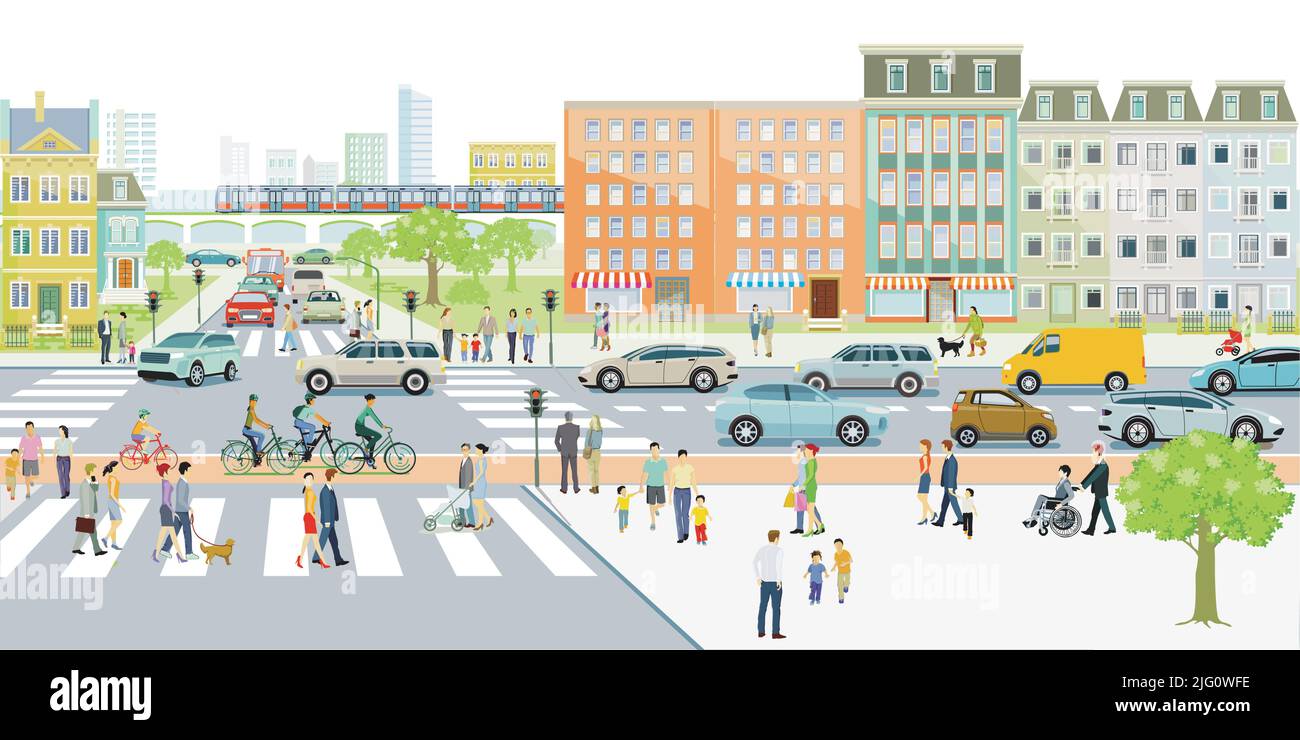 Große Stadt mit Menschen und Straßenverkehr und vor Gebäuden, Illustration Stock Vektor