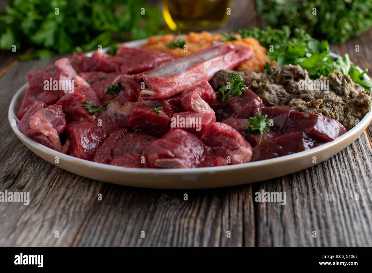 Rohfleischfütterung für Hunde. Ein Teller mit frischem Muskelfleisch, Knochen, Pansen, Innereien, Gemüse und Kräutern Stockfoto
