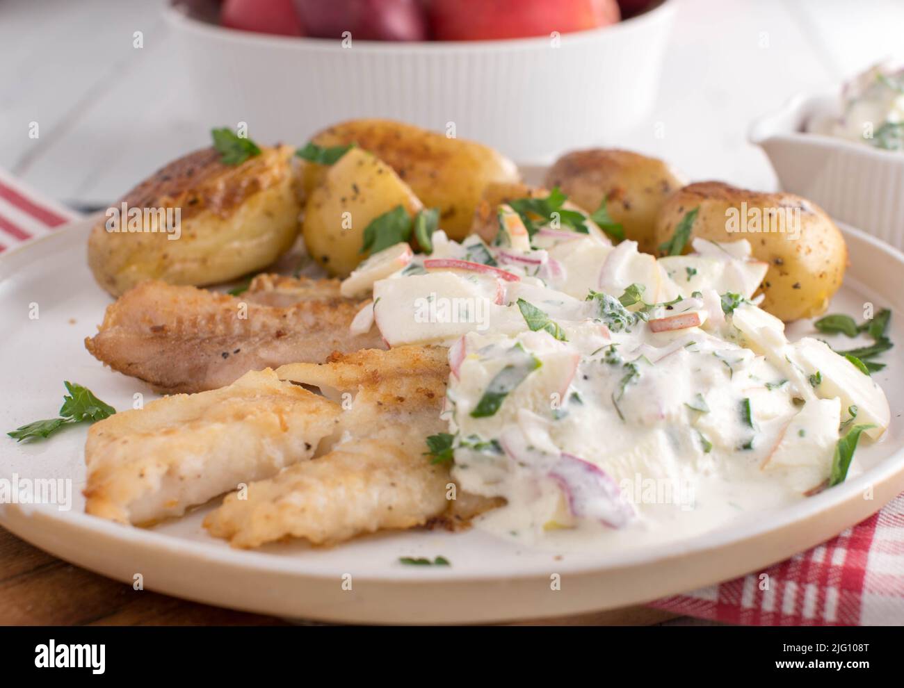 Sommerfischgericht mit sautiertem Rotbarsch mit Sauerrahm-Apfel, Gurke, Kräutersauce und gerösteten Kartoffeln Stockfoto