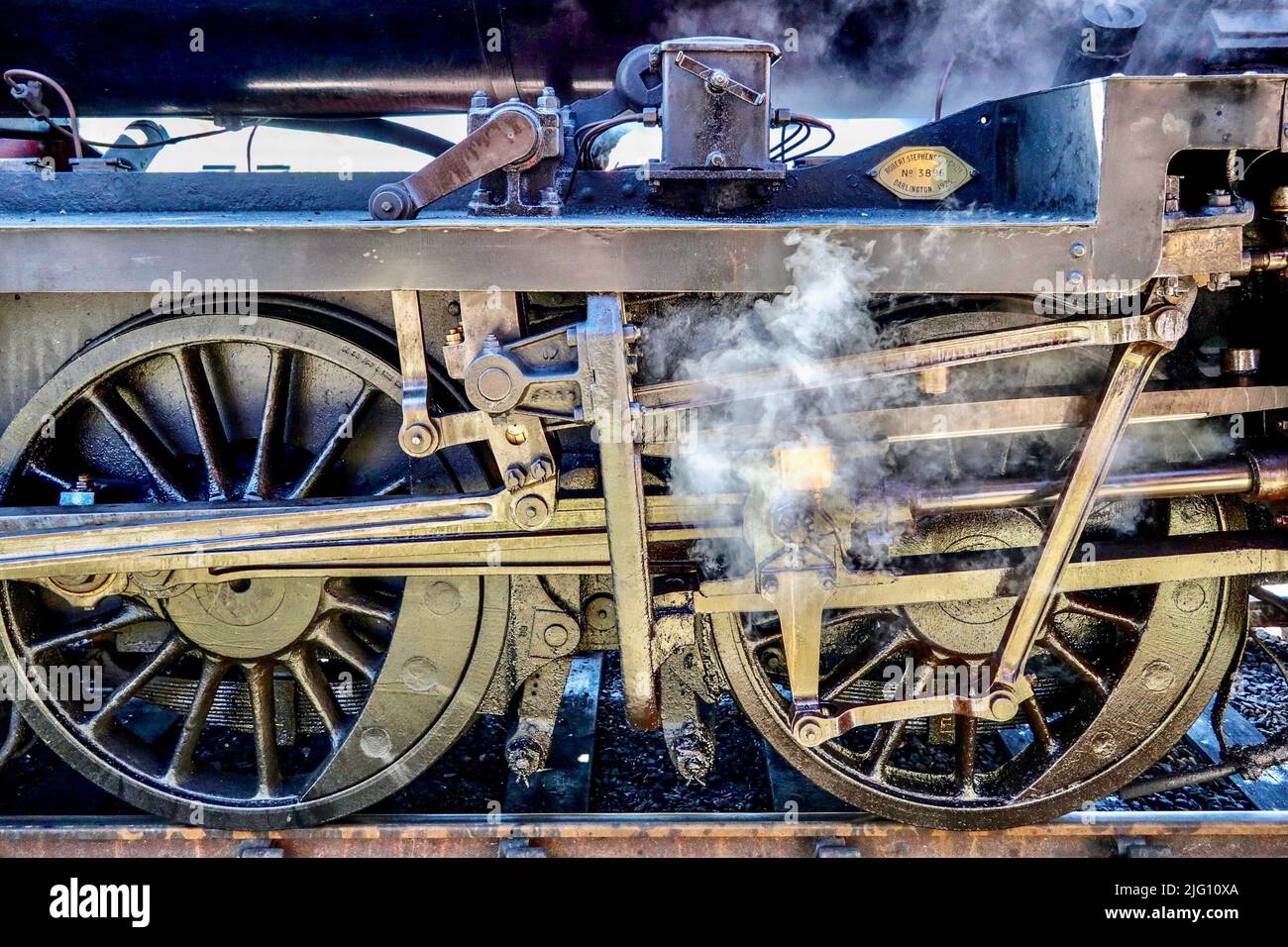 Räder und Pleuel der Dampflokomotive auf der Poppy Line in Sheringham. Stockfoto