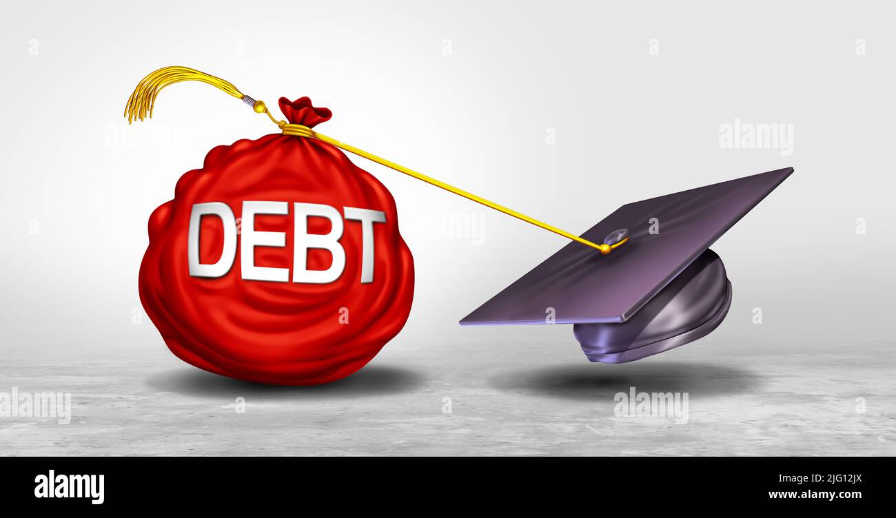 College-Schulden und Studenten finanzielle Konzept als Abschluss Mörtel Board und Diplom mit einem Cast Shadow als Symbol für Studienkredit Rückzahlung Stockfoto