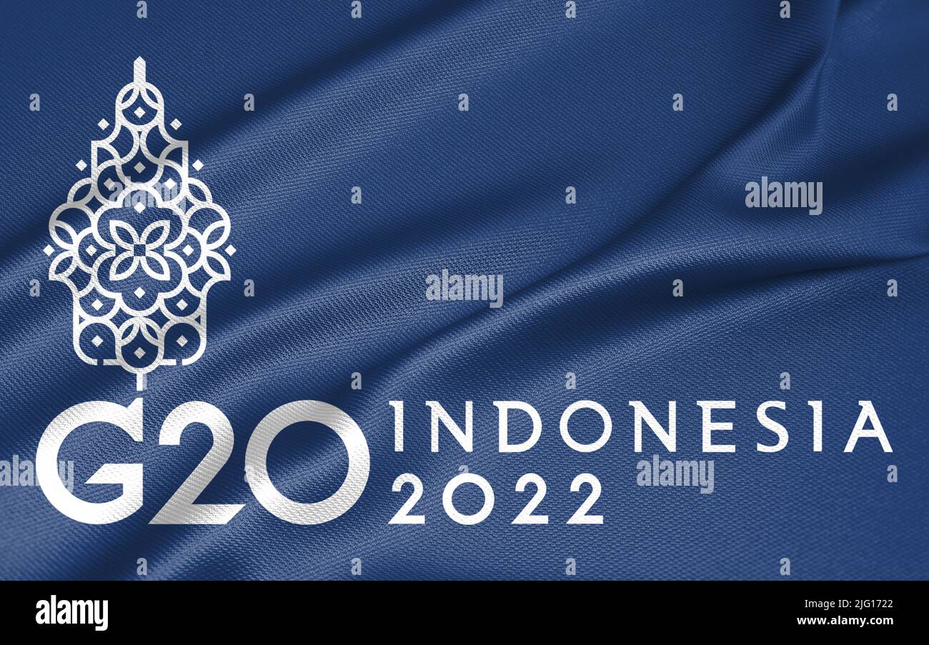 Flagge G20 Indonesien, Flagge die Mitglieder der G20 sind, blaue Flagge mit weißem Text, Copy Space, 3D Illustration und 3D Arbeit Stockfoto