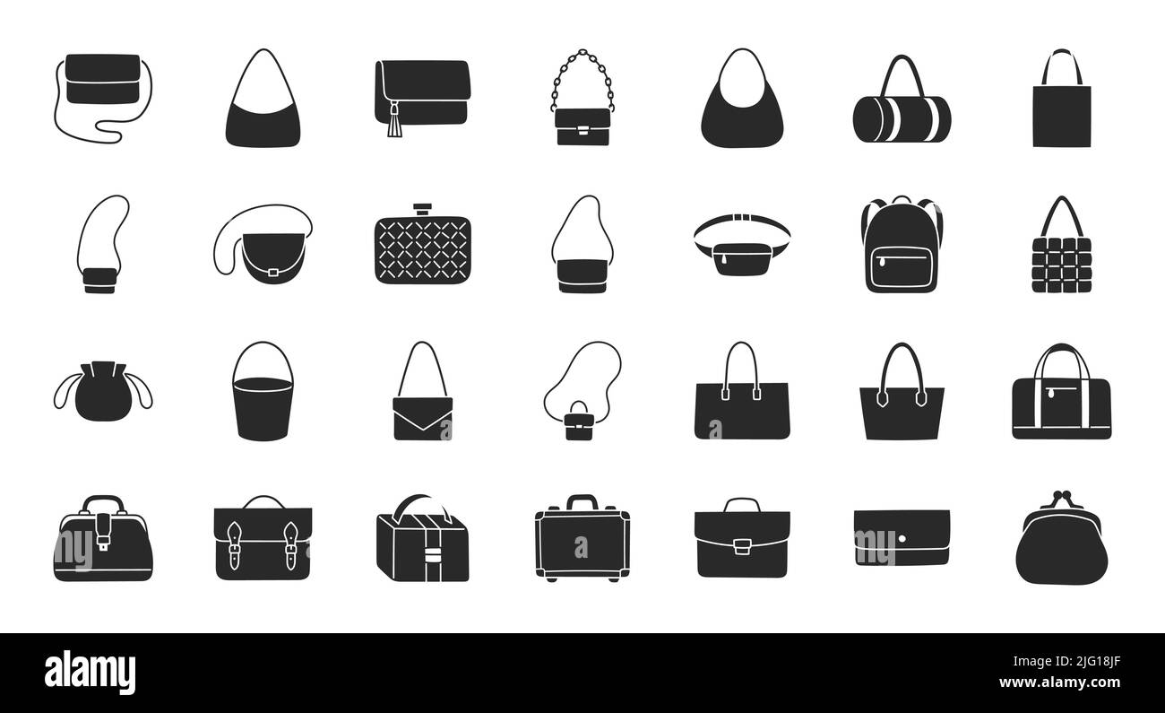 Illustration für Damentaschen mit flachen Symbolen - Geldbörse, Handtasche, Clutch, Business Aktentasche, Rucksack, Lederkoffer, Postback, Shopper. Glyphe Stock Vektor