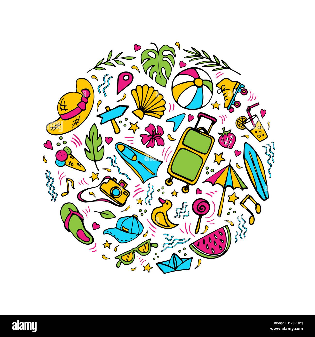 Sommer-Symbole Doodle Cliparts. Runde, farbenfrohe Komposition Stock Vektor