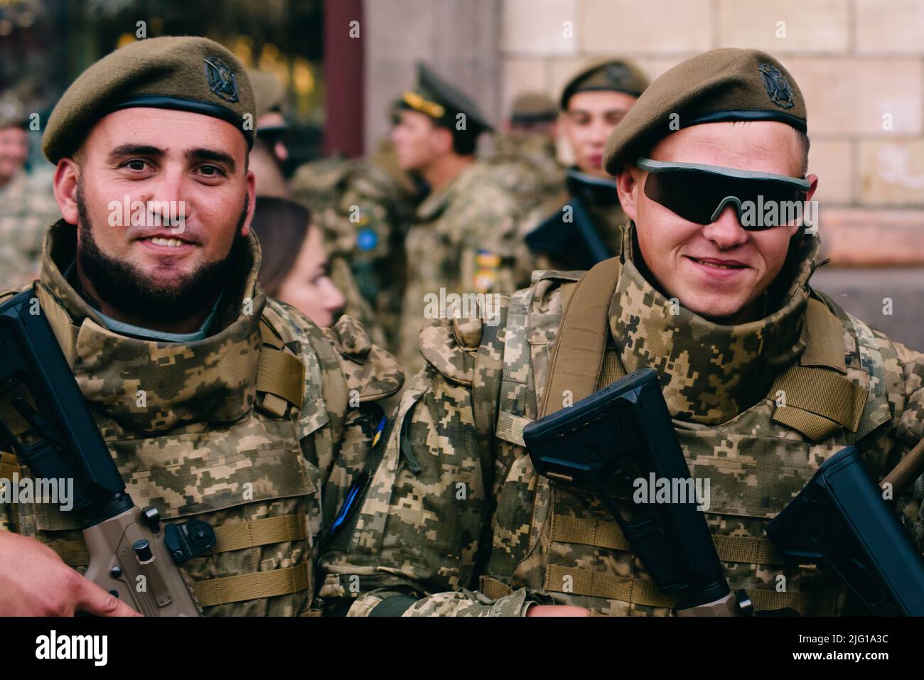 Kiew, Ukraine - 20. August 2021: Generalprobe der Militärparade anlässlich des 30. Unabhängigkeitstages der Ukraine. Ukrainische Soldaten im Militär Stockfoto