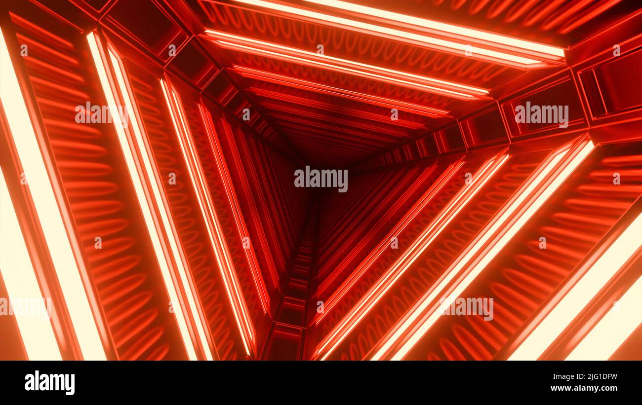 Rotierender dreieckiger Tunnel mit Neonlinien. Design. Dreieckiger Tunnel mit Neonlinien im Stil eines Raumschiffs. Dreieckiger Cyber-Tunnel im Raumschiff. Stockfoto
