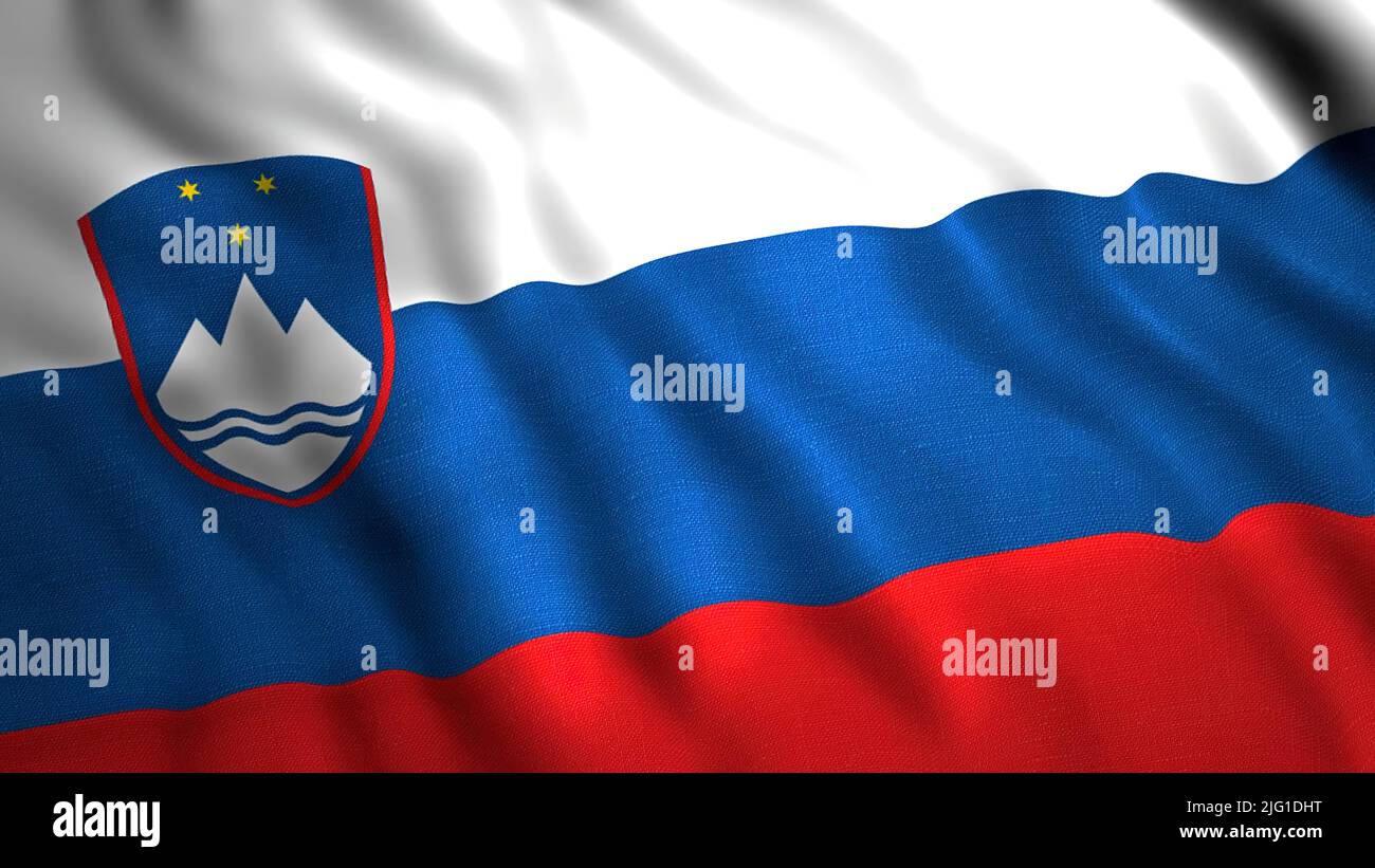 Die slowenische Flagge flattert im Wind. Bewegung. Konzept des Patriotismus, winkende Nationalflagge Stockfoto
