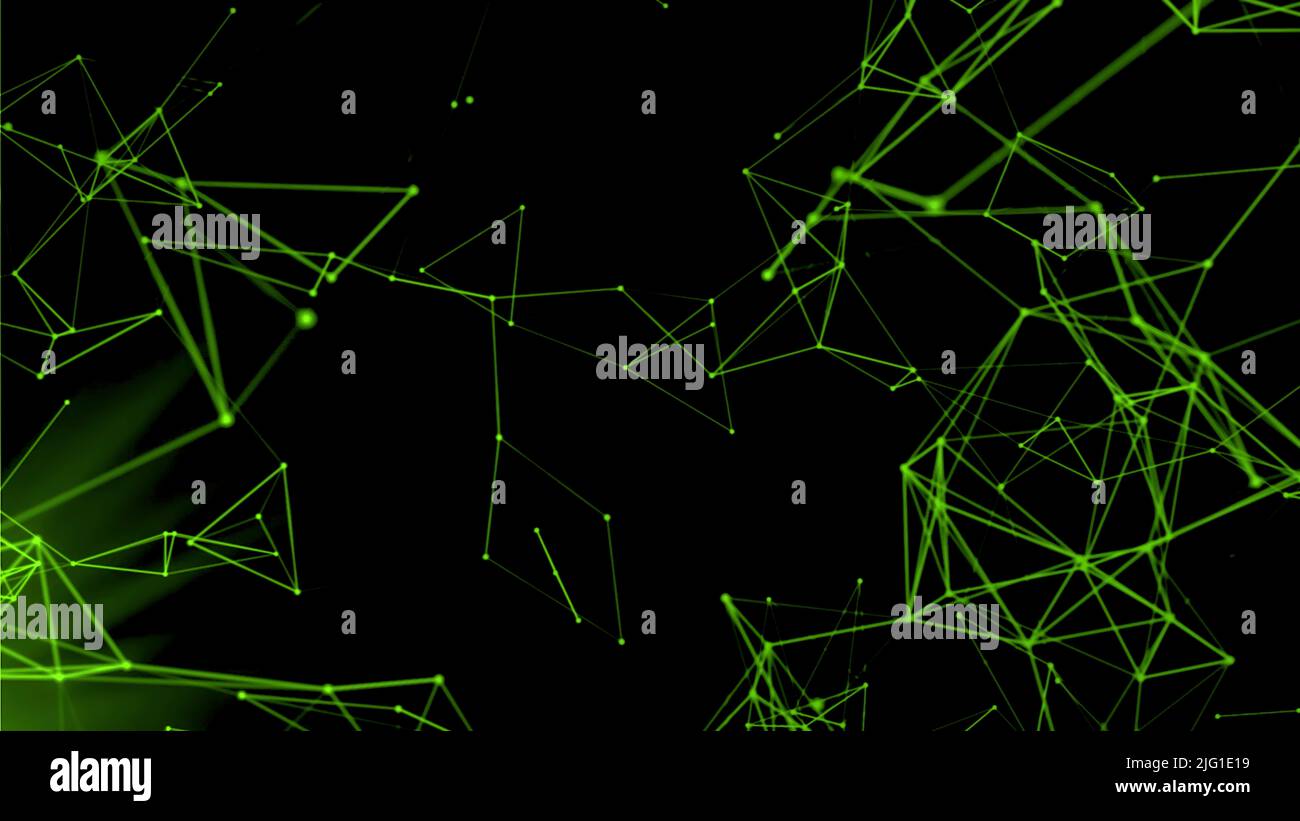 Fliegende Silhouetten verbundener Dreiecke fliegen chaotisch. Bewegung. Plexus abstrakt bunten Hintergrund Stockfoto