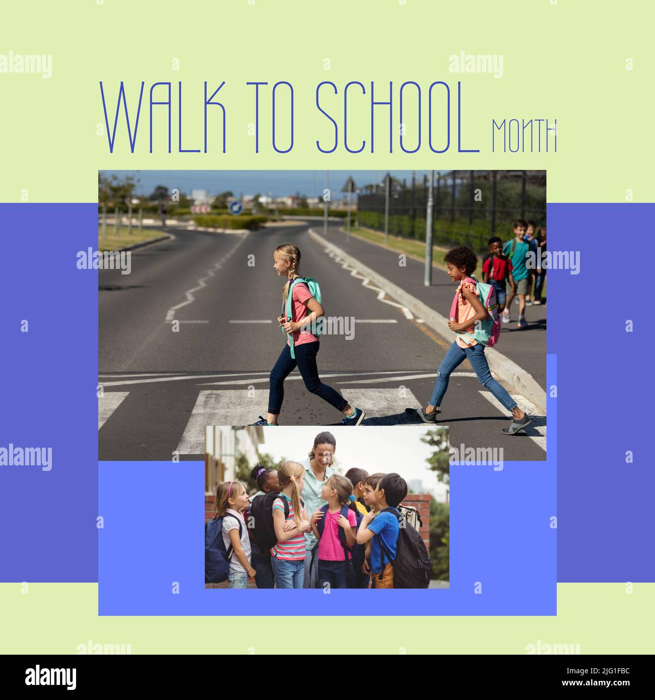 Collage von multirassischen Kindern mit Lehrer und Schüler über Straße mit Spaziergang zur Schule Monat Stockfoto