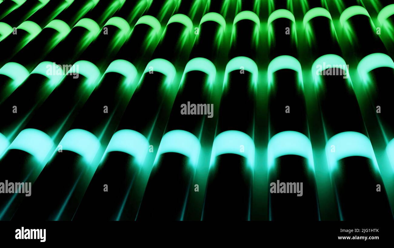 Röhrenartige Formen mit langsam parallelen Neonlichtern. Design. Pfeifen mit grünen und türkisfarbenen Energieleuchten Stockfoto