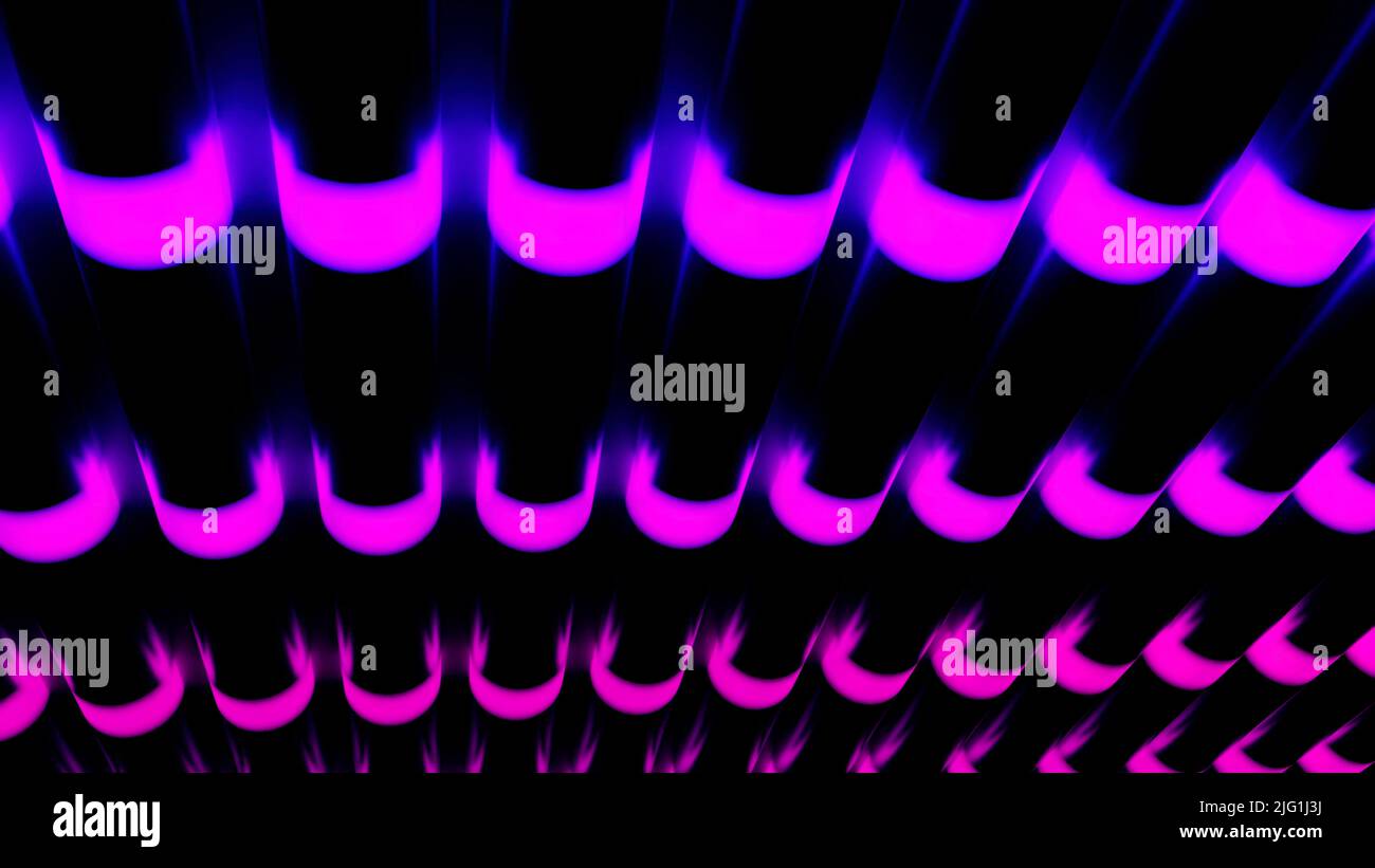 Abstrakte parallele schwarze Röhren mit umgebenen rosa Neonlichtern. Design. Rohre mit Energieleuchten Stockfoto