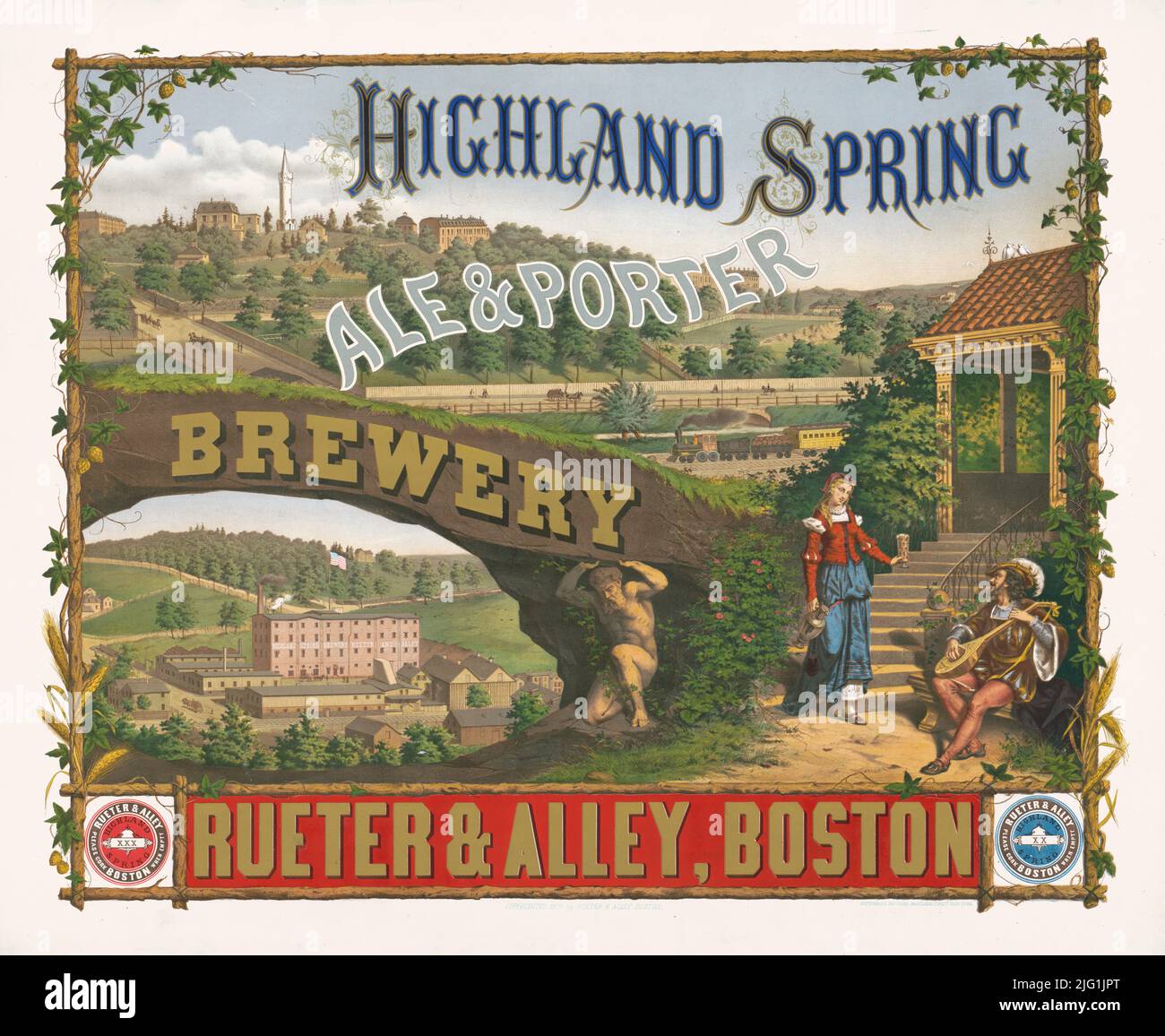 1876 Anzeige für Highland Spring Ale & Porter Brewery, Rueter & Alley, Boston, Massachusetts. Lithographie von Wittemann Bros. Stockfoto