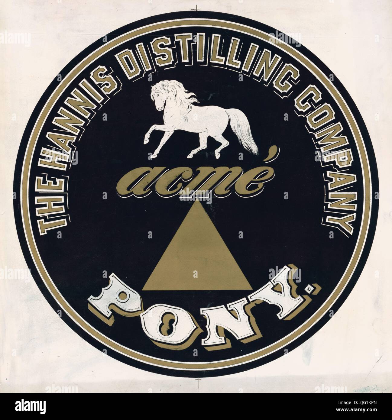 1872 Anzeige für die Hannis Distilling Company, Acme Pony. Lithographie von Lehman & Bolton Stockfoto
