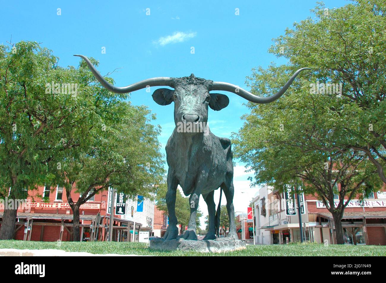 Texas Longhorn steer El Capitan Dodge City Kansas in den westlichen Ebenen der Vereinigten Staaten, wo der wilde Westen begonnen Stockfoto